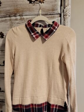 J.Crew Beige Sweater with Red & Navy Plaid Trim